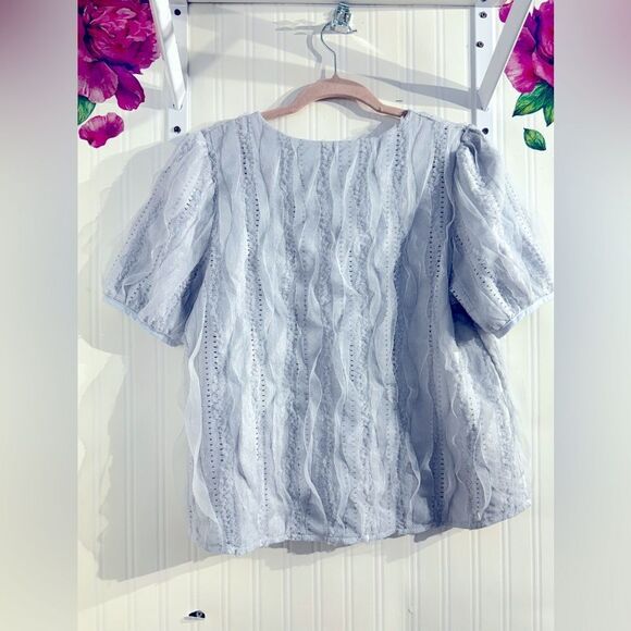 Mer Seoul Makeover Essentials Blue Short Sleeve Button Down Blouse Sz S - Picture 4 of 4